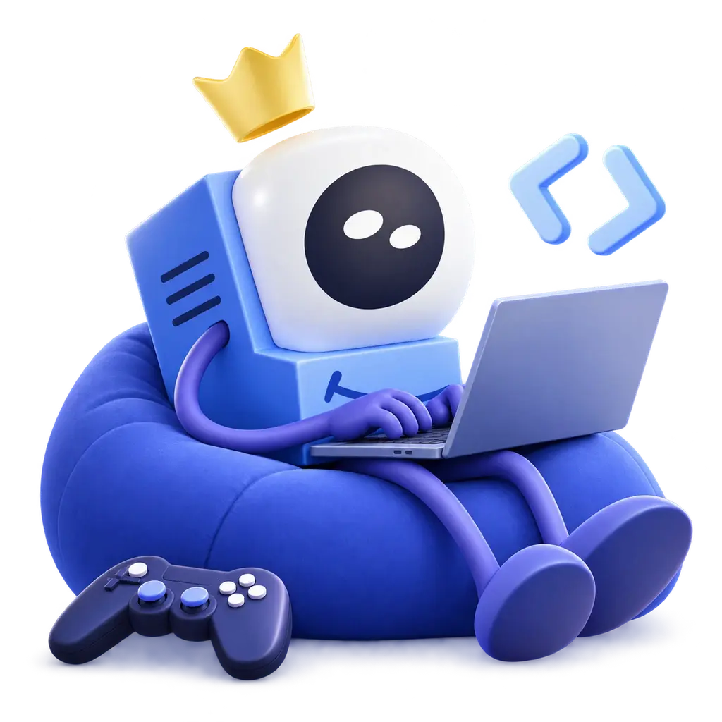 มาสคอต EmotionEvolve นั่งพัฒนาเกมบนแล็ปท็อป